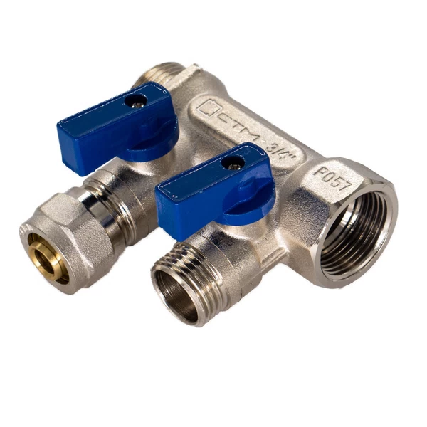 коллектор 3/4 вр(г) х 2 выхода 16 обж(ц) х 3/4 нр(ш) с шаровыми кранами (c2mp3416/17359)