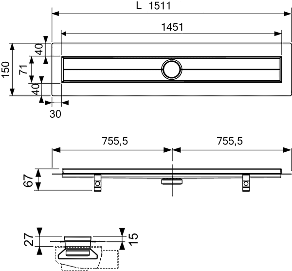 душевой лоток tece tecedrainline 601500 150 см, прямой, без крышки, с гидроизоляцией seal system, цвет серебристый металлик