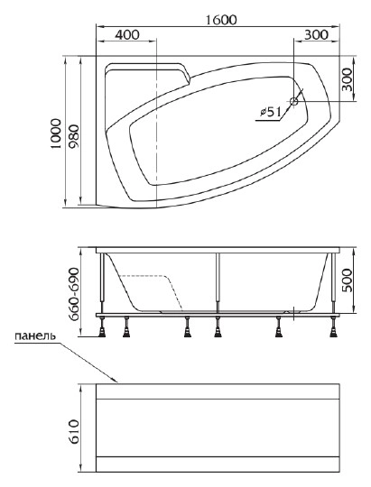 акриловая ванна 1marka assol 160x100 r, 01асс1610п / у22738 без гидромассажа