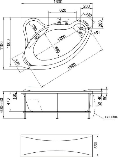 акриловая ванна 1marka catania 160x110 r, 01кт1610п без гидромассажа