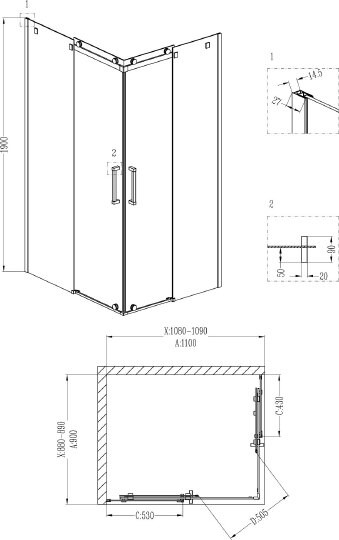 душевой уголок grossman cosmo gr-1110l 110x90x190 см, профиль хром, стекло празрачное