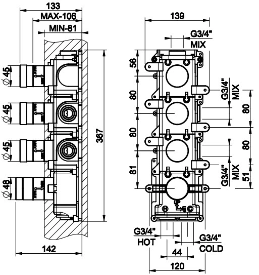 внутренняя часть gessi 09266#031 термостатического смесителя с 3 запорными вентилями