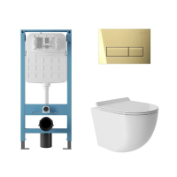 Комплект Aqueduto Ovo AQDS250T: инсталляция Tecnica Novo, кнопка Retangulo Novo - шлифованное золото, унитаз OVO Tornado S слив Торнадо, сиденье с микролифтом, белый глянцевый