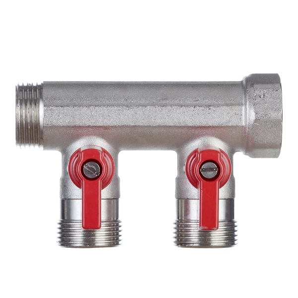 коллектор henco 3/4 вр(г) х 2 выхода 3/4 нр(ш) ек х 3/4 нр(ш) с шаровыми кранами, vb050502-rood