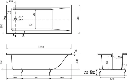ванна из искусственного камня эстет дельта 160x70 фр-00001221