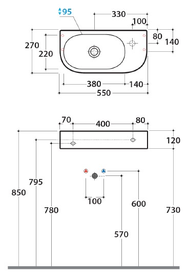 раковина подвесная globo forty3 sct55.bi*0 55x27 см