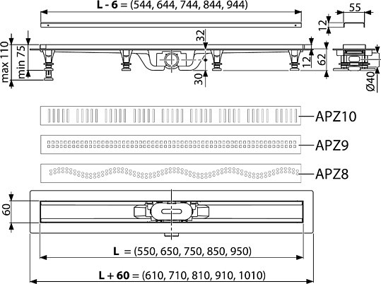 душевой лоток alcaplast apz8-simple 550m с решеткой и опорами