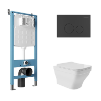 Комплект Aqueduto AQDS159: инсталляция Tecnica Novo, кнопка Circulo - черный матовый, унитаз Esteta безободковый, сиденье с микролифтом, белый глянцевый