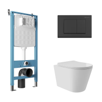 Комплект Aqueduto AQDS144Т Унитаз подвесной Cone Plus безободковый, с микролифтом, смыв Tornado + Система инсталляции для унитазов Tecnica Novo + Кнопка смыва Quadrado черная матовая