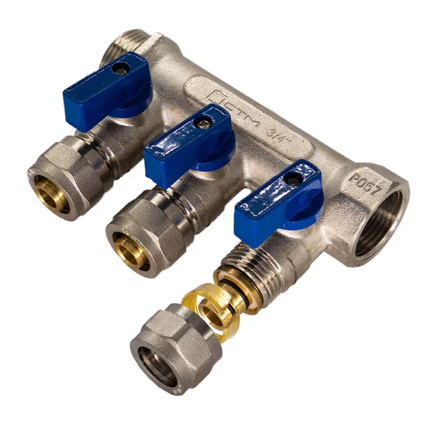 коллектор 3/4 вр(г) х 3 выхода 16 обж(ц) х 3/4 нр(ш) с шаровыми кранами, c3mp3416/10603