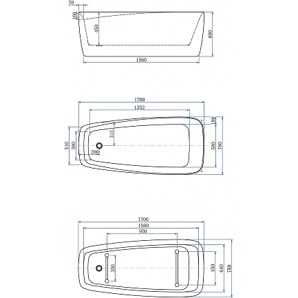 акриловая ванна 170х78 см aquanet family trend 90778-mw-mb код 00293087, цвет белый матовый/ черный матовый.