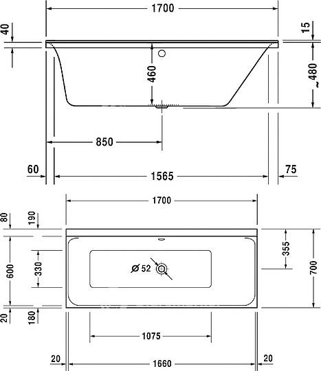 акриловая ванна duravit p3 comforts 700374 170x70 см цвет белый