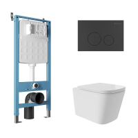 Комплект Aqueduto AQDS147Т Унитаз подвесной Macio Plus безободковый, с микролифтом, смыв Tornado + Система инсталляции для унитазов Tecnica Novo + Кнопка смыва Circulo черная матовая