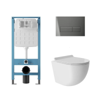 Комплект Aqueduto Ovo AQDS241T: инсталляция Tecnica Novo, кнопка Retangulo Novo - оружейная сталь, унитаз OVO Tornado S слив Торнадо, сиденье с микролифтом, белый глянцевый