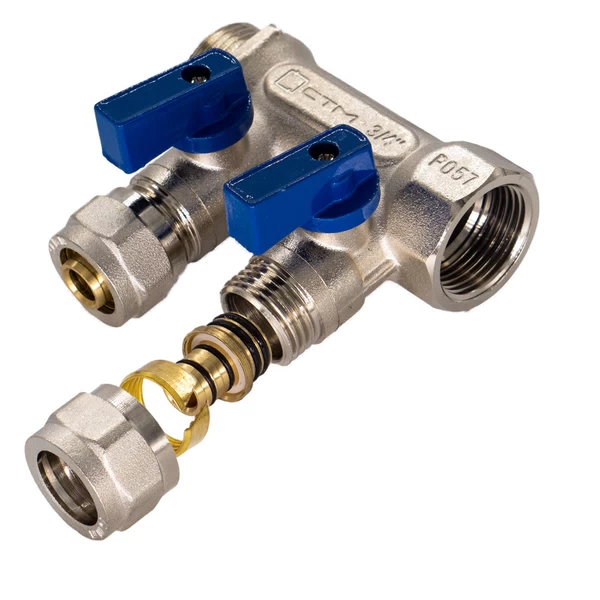 коллектор 3/4 вр(г) х 2 выхода 16 обж(ц) х 3/4 нр(ш) с шаровыми кранами (c2mp3416/17359)