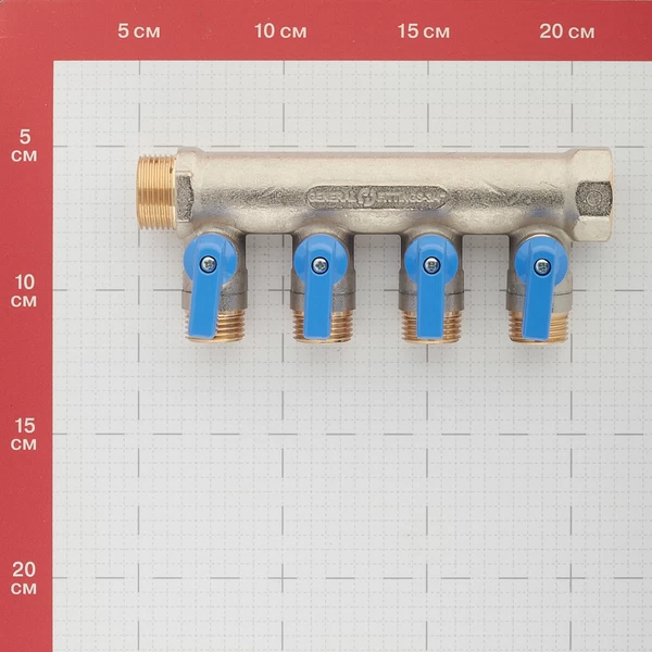 коллектор stout 3/4 вр(г) х 4 выхода 1/2 нр(ш) ек х 3/4 нр(ш) с шаровыми кранами (smb 6211 341204)