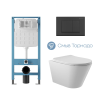 Комплект Aqueduto AQDS357T: инсталляция Tecnica Novo, кнопка Quadrado - черный матовый, унитаз Cone Tornado слив Торнадо, сиденье с микролифтом, белый глянцевый
