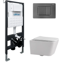 Комплект инсталляция с унитазом Abber AC1201-AC0105-AC0120NG с кнопкой смыва, никель + унитаз подвесной Abber Rechteck безободковый, с сиденьем микролифт, белый