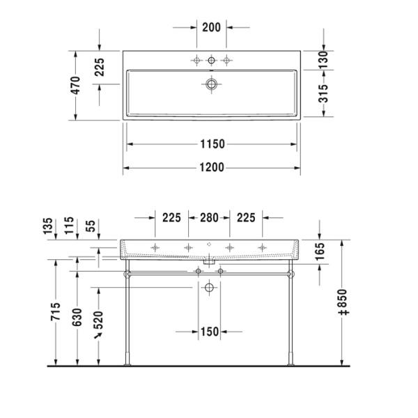 duravit vero air раковина 120 cm, без перелива, с площадкой, с 1 отв. под смеситель, на столешницу, белая