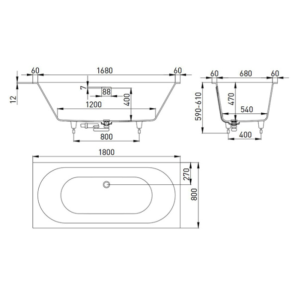 ванна из искусственного камня salini ornella axis kit 103521m 180x80х60 см, s-sense, цвет белый матовый