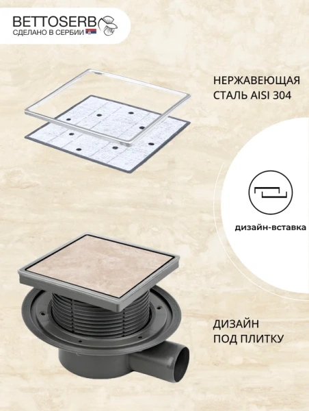 душевой трап bettoserb designer beauty 13000085b 14x14, в пол, черный, с сифоном