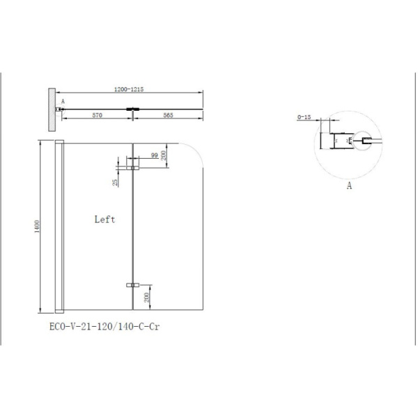 шторка для ванны cezares eco 120 прозрачное стекло eco-o-v-21-120/140-c-cr