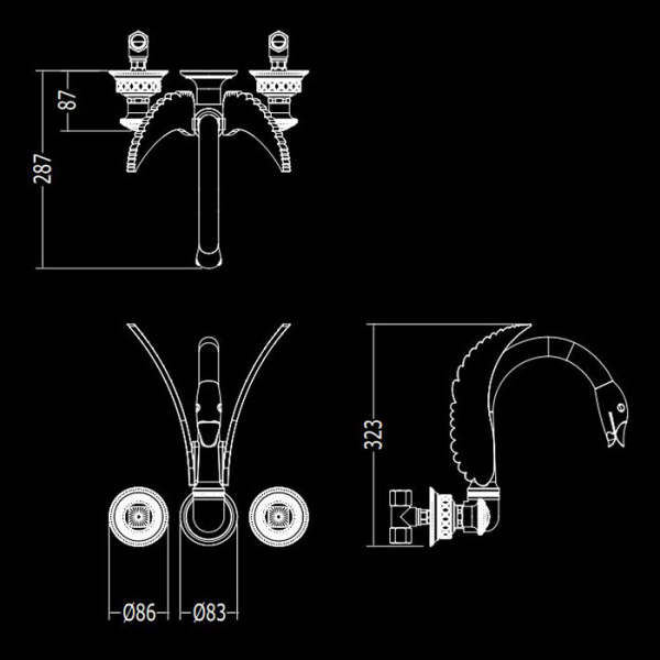 devon&devon excelsior swan смеситель для раковины на три отверстия для настенного монтажа, цвет: золото 24к