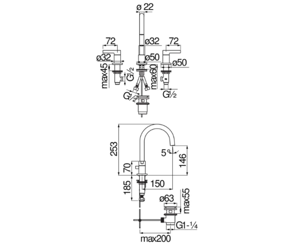 смеситель для раковины nobili lira lr116211/1t1cr хром, 3 отверстия