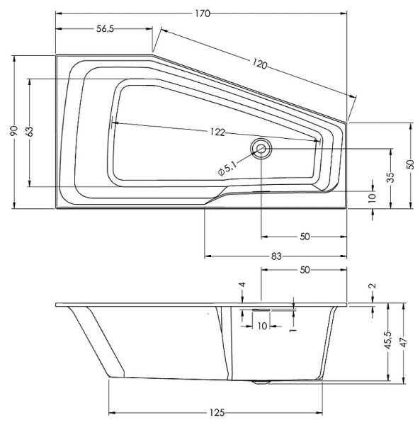 акриловая ванна riho rething space 170х90 l b114001005 (br1600500000000) без гидромассажа