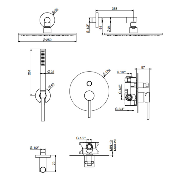 комплект для душа gattoni circle two/one 9190/pdno (аналог 9090/pdno) со встроенным смесителем, с ручной лейкой и верхним душем 250 мм, цвет: черный матовый