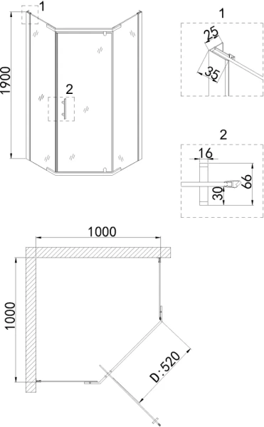 душевой уголок niagara nova ng-6834-08 black 100x100, пятиугольный, черный