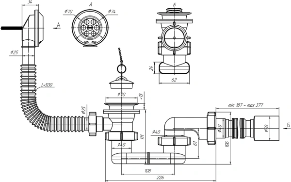 слив-перелив для ванны ани пласт e055 40 мм, хром, с сифоном