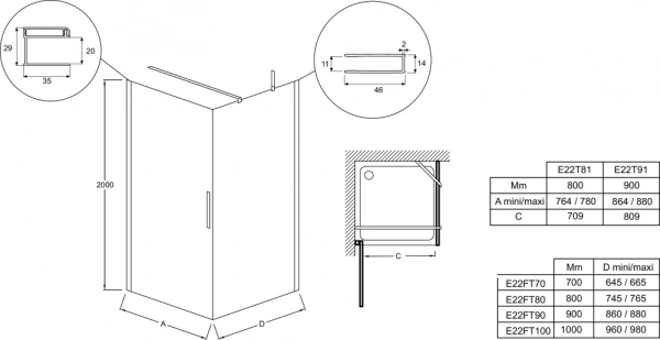 душевая дверь jacob delafon contra black 90 e22t91-bl профиль черный, стекло прозрачное