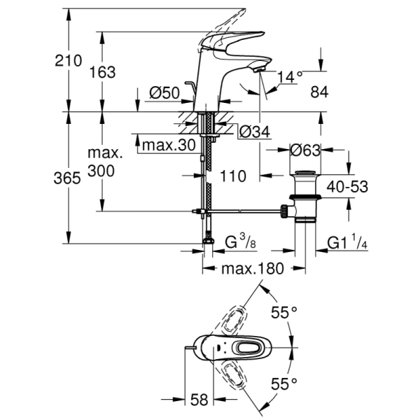 смеситель для раковины с донным клапаном grohe eurostyle new 33558ls3