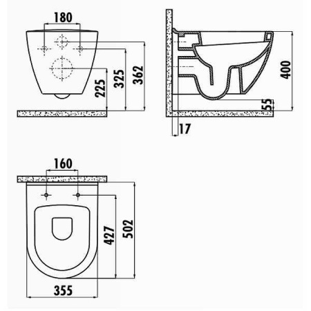 унитаз подвесной creavit tp325-11sm00e-0000 без сиденья, цвет черный матовый