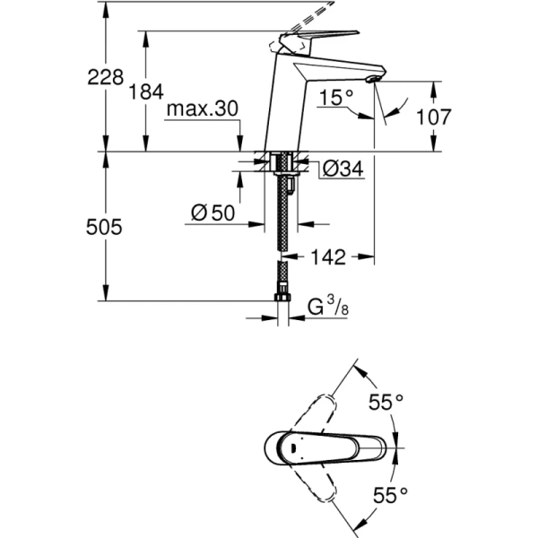 смеситель для раковины без донного клапана grohe eurodisc cosmopolitan 23449002