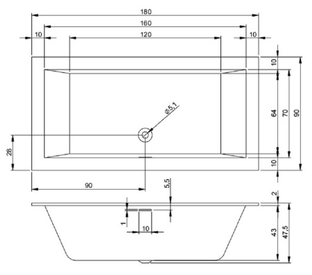 акриловая ванна riho rething cubic 180x90 см, заполнение через перелив, белая глянцевая, br09c0500000000