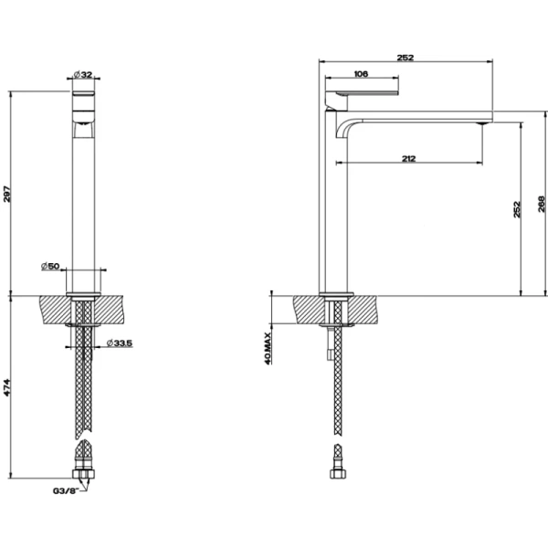 смеситель gessi via manzoni 38609#031 для раковины, высокий, с изливом 212 мм, без донного клапана, цвет хром