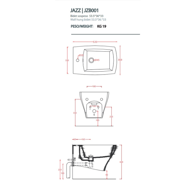 artceram jazz биде подвесное 54x36см c креплением, с 1 отв под смеситель., цвет: белый матовый