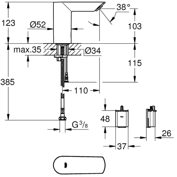 инфракрасная электроника для раковины без смешивания grohe bau cosmopolitan e 36452000