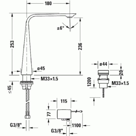 смеситель для раковины duravit d.1 d11110007046, чёрный, электронный с питанием от батареи