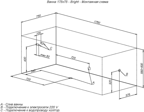 акриловая ванна aquanet bright 175x75 см, 00216660, с каркасом, цвет белый