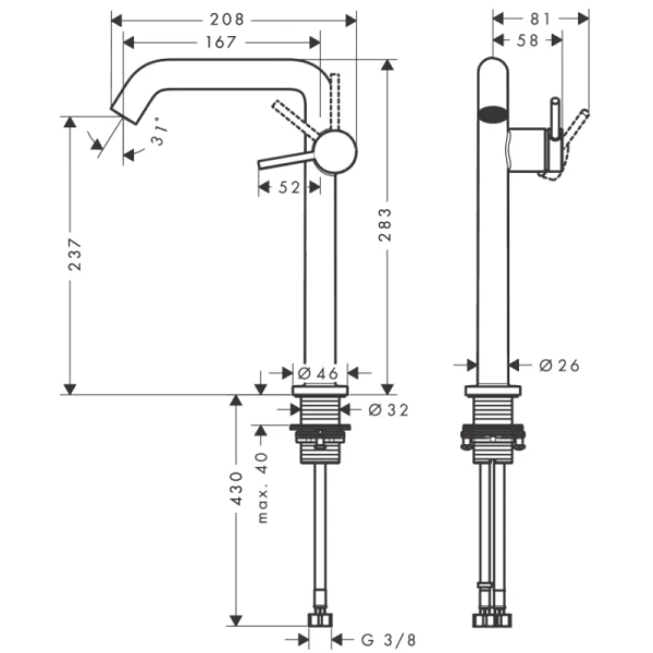 смеситель для раковины hansgrohe tecturis s 73370670 coolstart, с донным клапаном, черный матовый