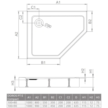 акриловый поддон 100x80 см radaway doros pt e compact sdrptp1080-05l