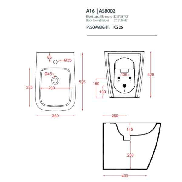 artceram a16 биде напольное 52,5х36хh42см, с 1 отв под смеситель, цвет: черный матовый