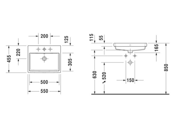 раковина полувстраиваемая duravit vero air 55 см 0383550000