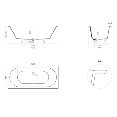 ванна из искусственного камня salini ornella axis kit 103512g 190x90х60 см, s-sense, цвет белый матовый