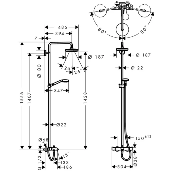 душевая система hansgrohe croma select s 180 2jet showerpipe 27351400