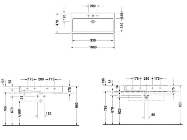 раковина накладная/подвесная 100 см duravit vero 0454100028