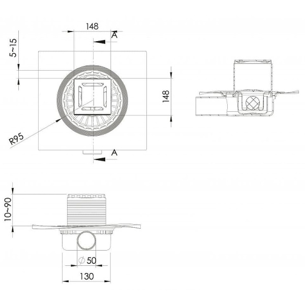 душевой трап berges zentrum norma 150x150 090363 с решеткой хром матовый